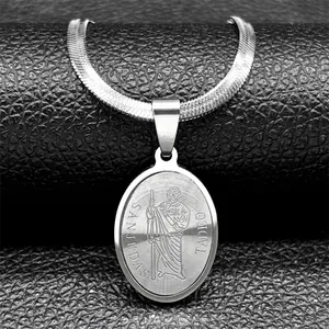 Polished stainless steel Saint Jude oval pendant necklace on a sleek snake chain