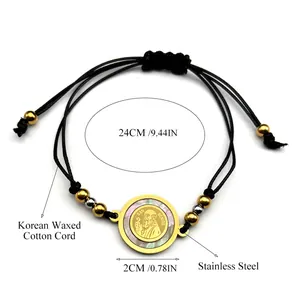 Golden stainless steel San Benito cross woven bracelet with mother of pearl inlay