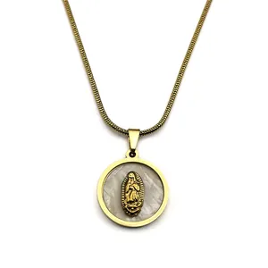 18k gold plated stainless steel Virgin Mary necklace with pearl shell coin pendant