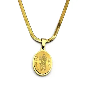 Gold Saint Judas Tadeo oval pendant with flat snake chain in stainless steel finish
