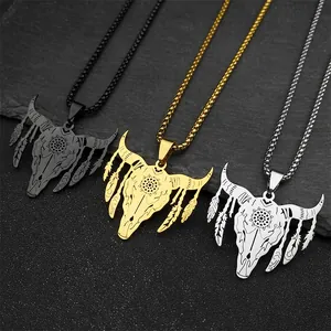 Punk Rock Stainless Steel Bull Head Skull Pendant Necklace With Feather Charms Tribal Totem Vintage Jewelry For Men Women