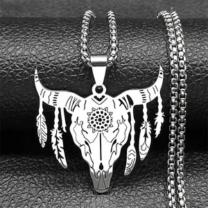 Punk rock bull skull pendant necklace with tribal totem and feather details in silver finish