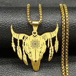 Gold bull skull pendant necklace with mandala sun and feathers on a box chain