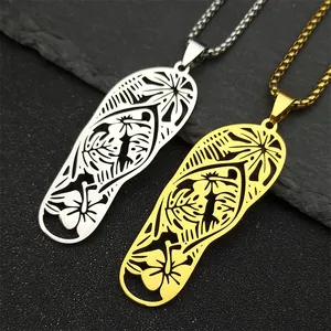 Stainless Steel Flip Flop Pendant Necklace Tropical Monstera Leaf Flower Hollow Cut Beach Summer Jewelry For Women Men
