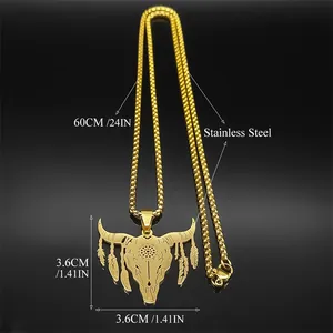 Gold stainless steel buffalo skull pendant with feathers on a 24 inch box chain