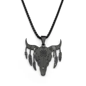 Punk rock black bull skull necklace with feather charms and tribal totem in stainless steel