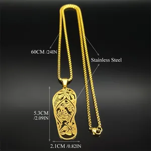 Gold stainless steel flip-flop pendant necklace with tropical flower and palm leaf patterns