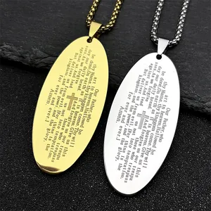 Stainless Steel Cross Pendant Necklace Lord's Prayer Bible Verse Oval Religious Jewelry For Men Women Christian Faith Gift