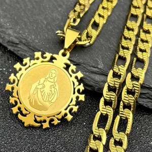 Vintage vergoldete Titanstahlkette mit Jesus-Porträt Münzanhänger und Figaro-Gliederkette