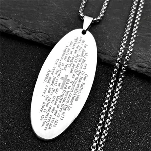 Polished stainless steel oval pendant with Lord's Prayer and cross on box chain