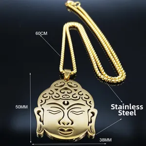 Golden stainless steel Buddha head pendant necklace with intricate hollow relief details