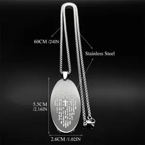 Silver stainless steel oval pendant necklace with cross and Lord's Prayer engraving