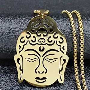 Vintage Stainless Steel Buddha Head Hollow Pendant Necklace Religious Jewelry With Box Chain For Men Women