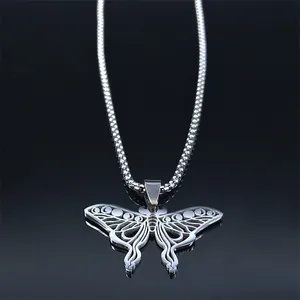 Collier élégant avec pendentif papillon évidé en acier inoxydable argenté et chaîne à billes