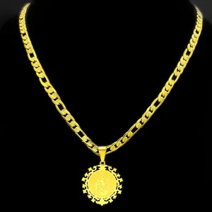 Retro vergoldete Titanstahlkette mit Maria-Münzanhänger und klassischer Figaro-Kette