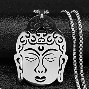 Macro shot of silver titanium steel Buddha head pendant with intricate hollow carvings