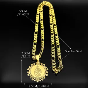 Goldene Vintage Halskette mit religiösem Anhänger und Figaro-Kette aus Edelstahl