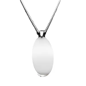 Polished silver stainless steel oval pendant with box chain on a clean white background