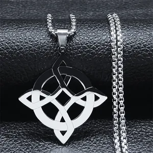 Stainless Steel Celtic Knot Necklace For Women Men Vintage Witch's Knot Pendant Necklace Geometric Hollow Out Jewelry Gift