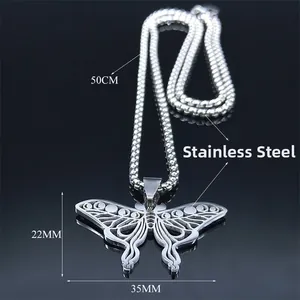 Collier en acier inoxydable papillon évidé et phase de lune avec chaîne de 50 cm