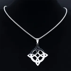 Polished stainless steel Celtic knot pendant necklace on a black velvet display