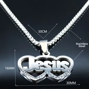 Détail du pendentif cœur Jésus avec chaîne de 50cm en acier inoxydable et dimensions