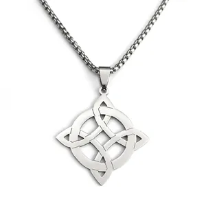 Polished stainless steel Celtic knot necklace with square cutout pendant on box chain