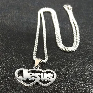 Collier hip hop en acier inoxydable avec pendentif cœur Jésus et chaîne à billes
