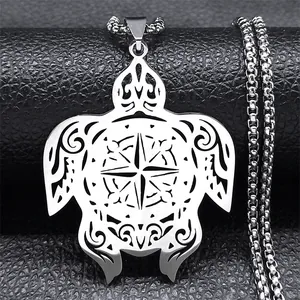Vintage Roestvrij Stalen Zeeschildpad Kompas Hanger Halsketting Met Hol Sterpatroon Zilveren Box Ketting Individuele Sieraden Voor Heren Dames