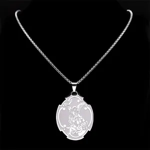 Saint Michael necklace in silver stainless steel with oval archangel pendant
