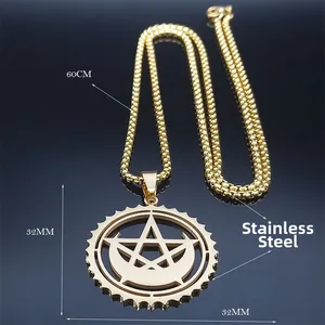 Collier en acier inoxydable doré avec pendentif pentagramme lune et chaîne de 60cm