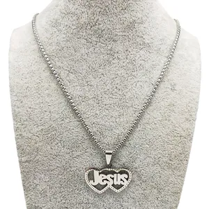 Collier en acier inoxydable argenté avec pendentif double cœur Jésus pour femme