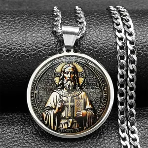 Collier avec pendentif Saint Benoît en acier inoxydable argenté avec chaîne maille gourmette