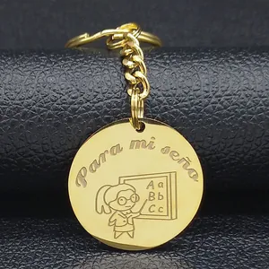 Stainless Steel Teacher Keychain Gold Round Pendant Para Mi Seño Laser Engraved Cartoon Teacher Gift For Teachers Day
