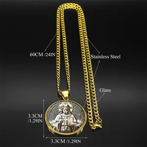 Collier en acier inoxydable plaqué or 18 carats avec pendentif médaille Saint Benoît