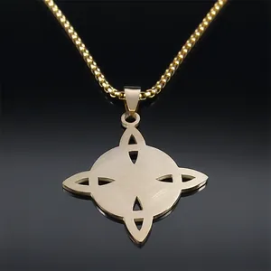 Golden stainless steel Celtic knot moon pendant necklace on reflective black background
