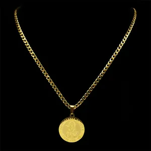 Goldene Saint Teresa von Avila Münzhalskette mit polierter Panzerkette für Unisex