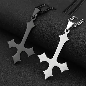 Stainless Steel Inverted Cross Pendant Necklace Gothic Punk Polished Curb Chain Silver Black Minimalist Jewelry For Unisex