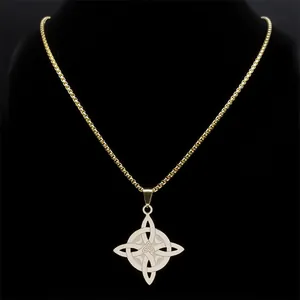 Golden Celtic knot moon pendant necklace on a wheat chain with a black background