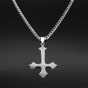 Polished silver stainless steel St. Peter's inverted cross pendant on curb chain