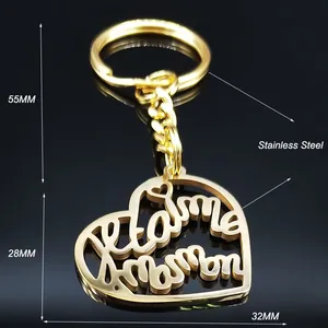 Polished gold stainless steel heart keychain with Je t'aime Maman hollow engraving