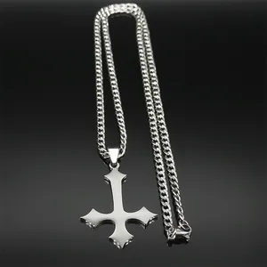 Polished silver stainless steel cross pendant with a classic cuban chain for men and women
