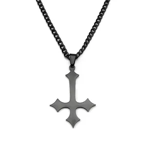 Minimalist black inverted cross necklace with matte punk style cuban chain for men and women