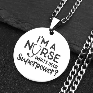 Stainless Steel Nurse Necklace Engraved Round Pendant Curb Chain For Medical Professionals Women Men Jewelry Gift