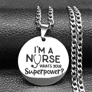 Macro shot of stainless steel nurse pendant with laser engraving on black leather