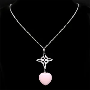 Leuchtende Herzkette mit keltischem Knoten Kreuzanhänger und rosa Edelstein