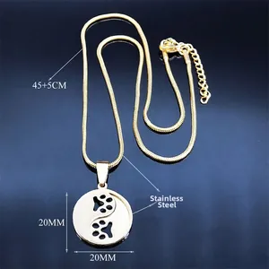 Golden stainless steel yin yang double paw print necklace with 20mm round pendant