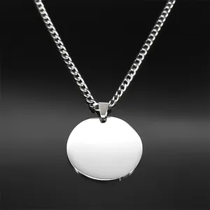 Polished stainless steel necklace with round silver pendant and cuban chain