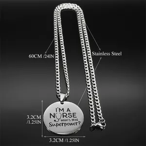 Nurse necklace with 'I'M A NURSE' engraving on 3.2cm stainless steel pendant and 60cm chain