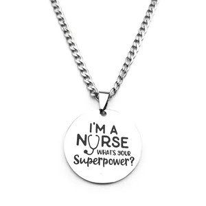 Silver stainless steel necklace with engraved I'm A Nurse pendant on white background